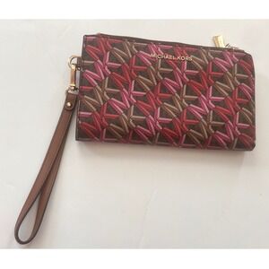 Michael Kors Jet Set Travel Wristlet Wallet Pink Brown Geometric MK Logo Canvas